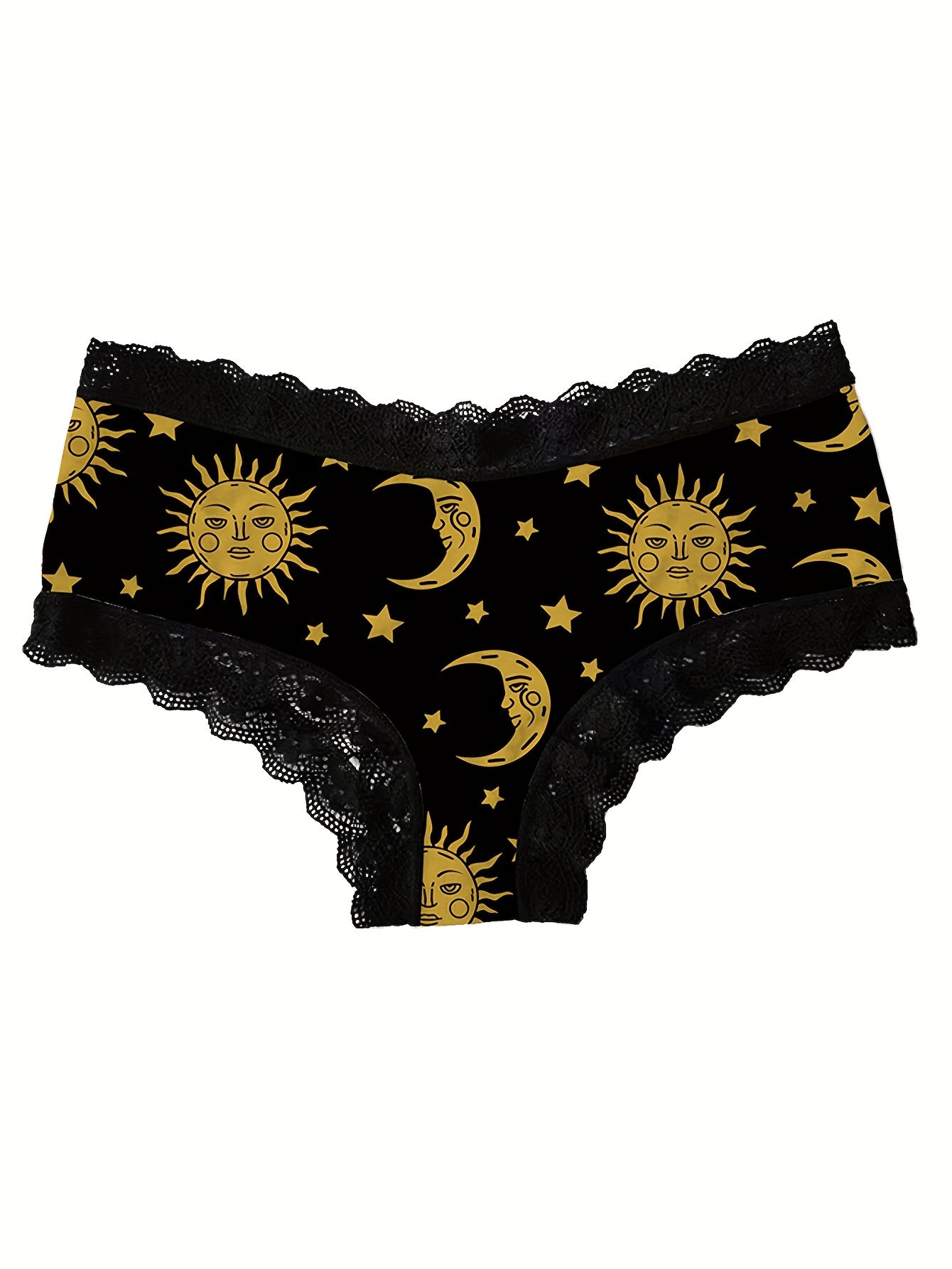3pcs Comfy Moon & Sun Print Lace Trim Briefs