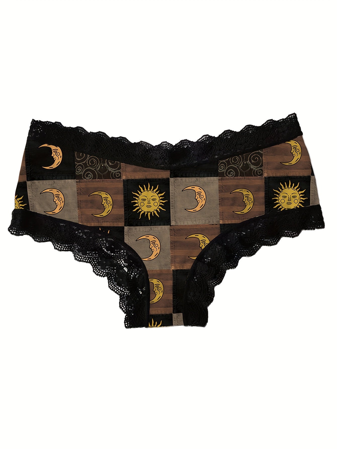 3pcs Comfy Moon & Sun Print Lace Trim Briefs