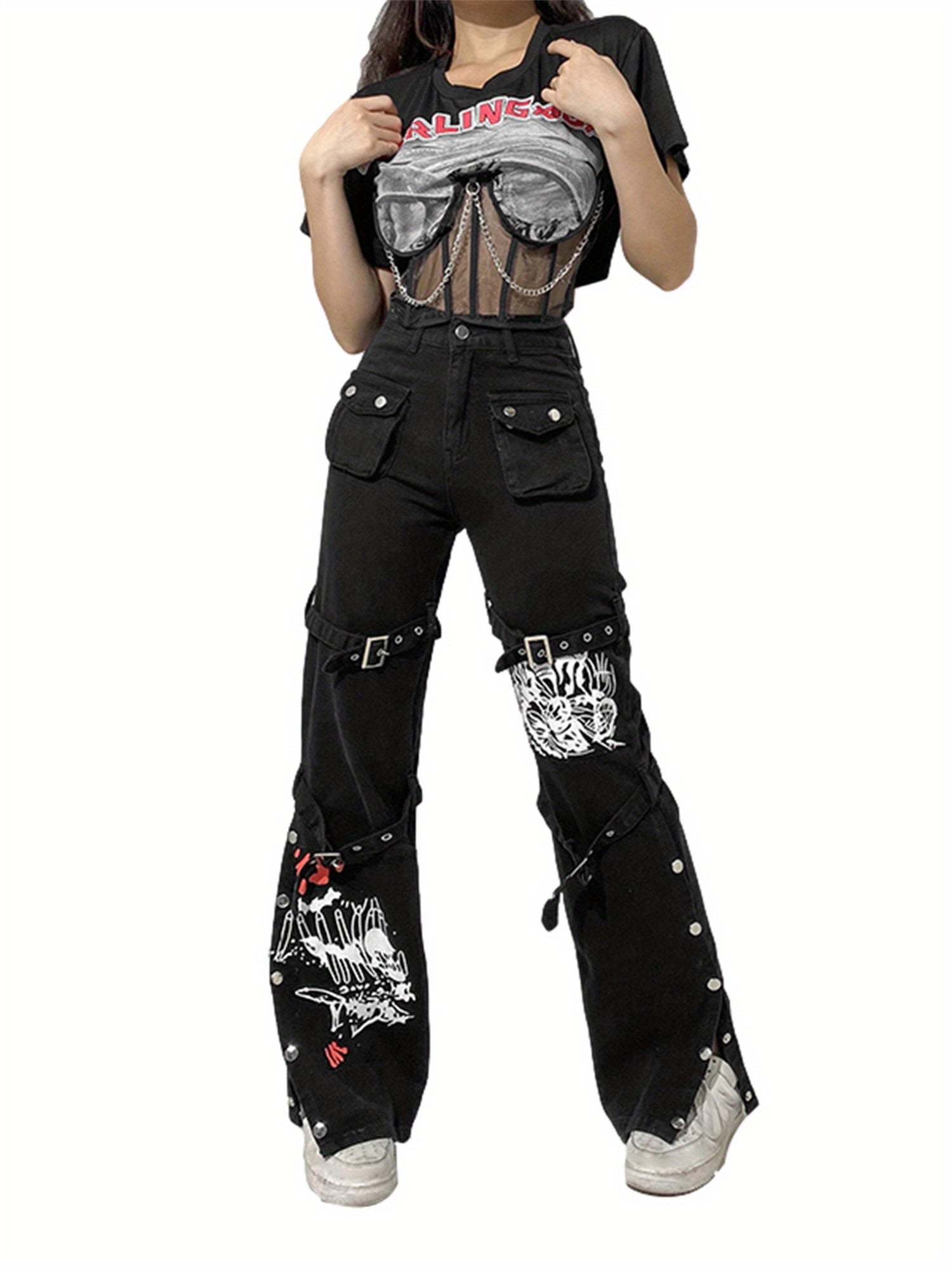 High Waist Bondage Print Jeans