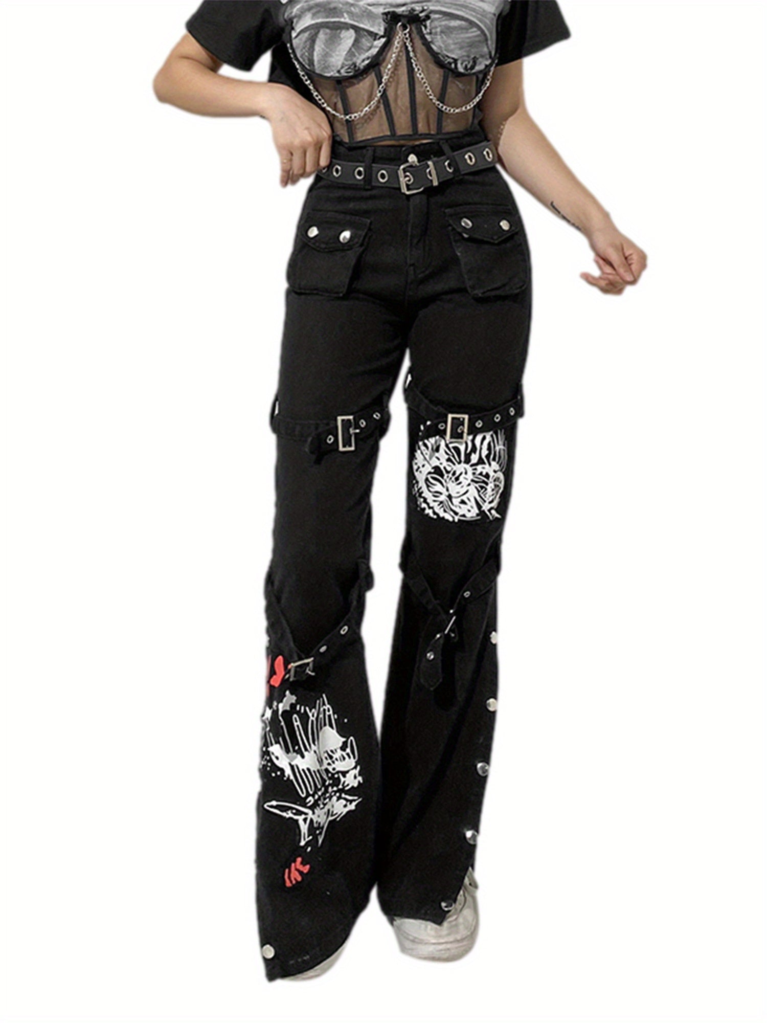 High Waist Bondage Print Jeans