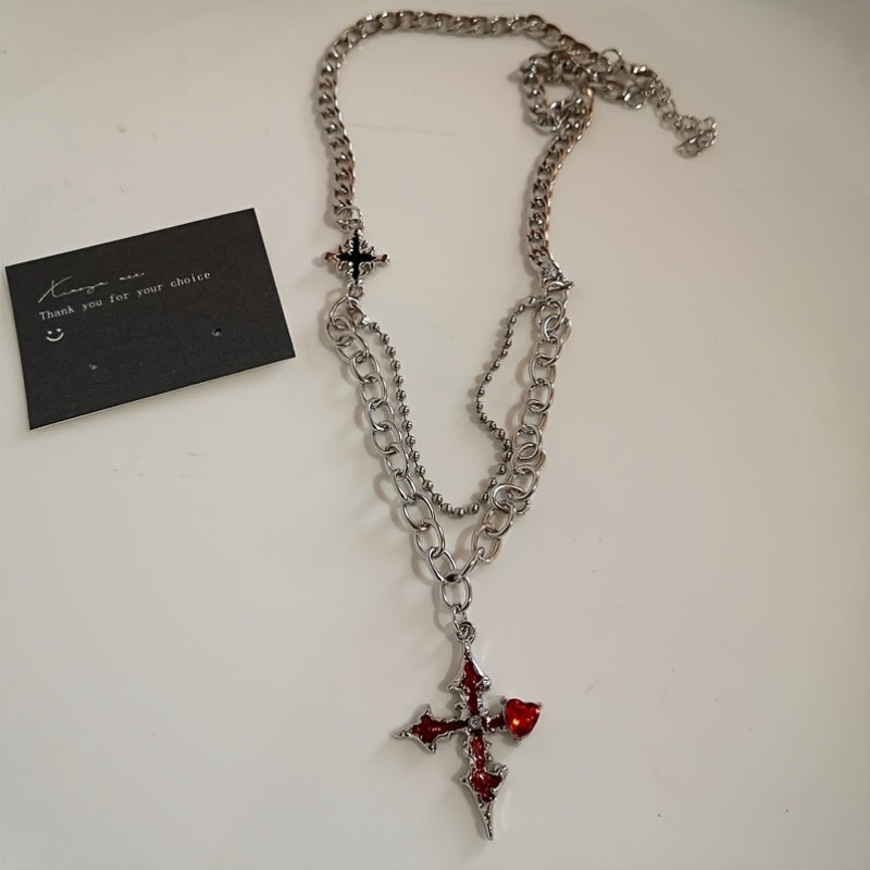 5PC Y2K Gothic Red Cross & Heart Pendant Necklace