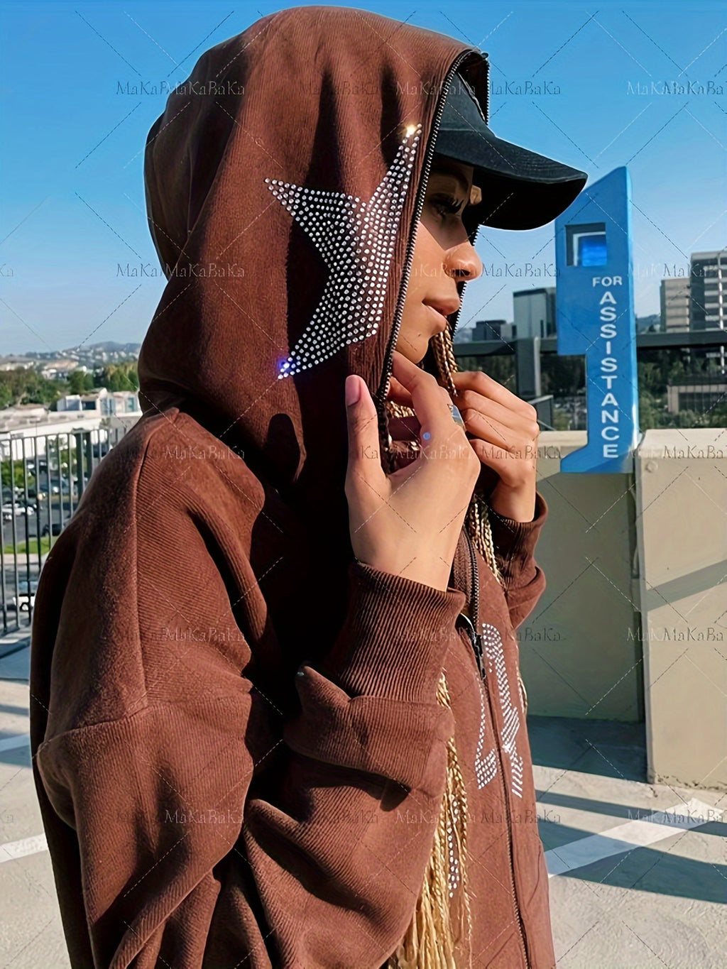 Printed Rhinestone Star Zip Up Hoodie