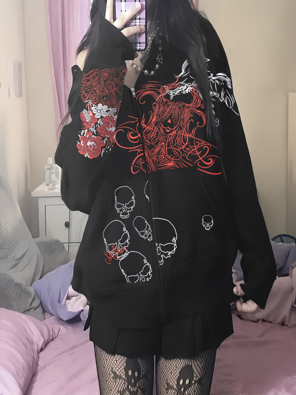 Skull & Floral Print Zip Up Hoodie