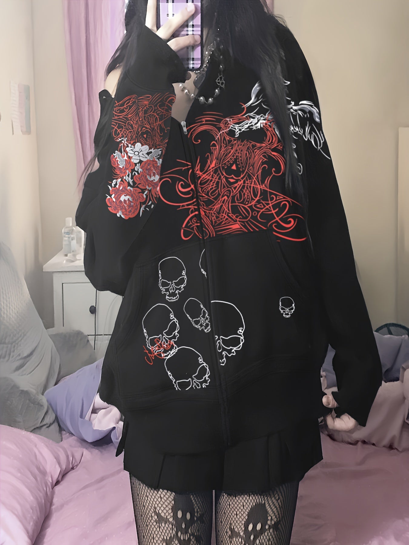 Skull & Floral Print Zip Up Hoodie