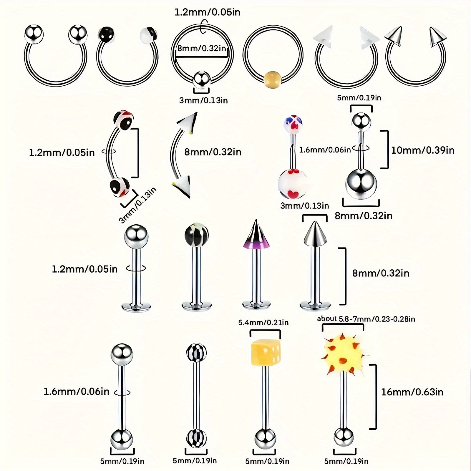 Piercing Kit with 14G 16G Stainless Steel and Acrylic Jewelry