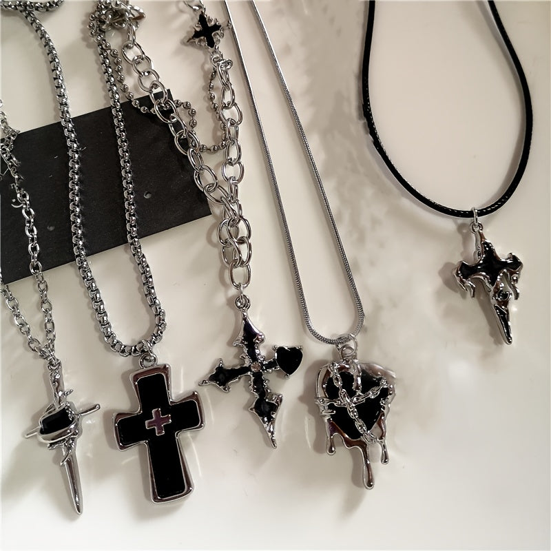 5PC Y2K Gothic Red Cross & Heart Pendant Necklace