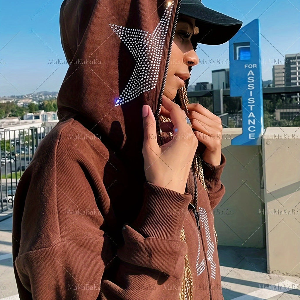 Printed Rhinestone Star Zip Up Hoodie