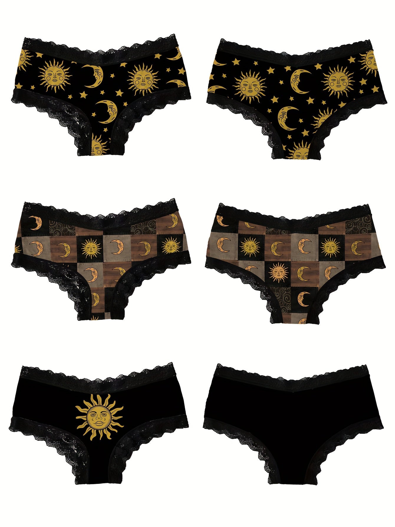 3pcs Comfy Moon & Sun Print Lace Trim Briefs