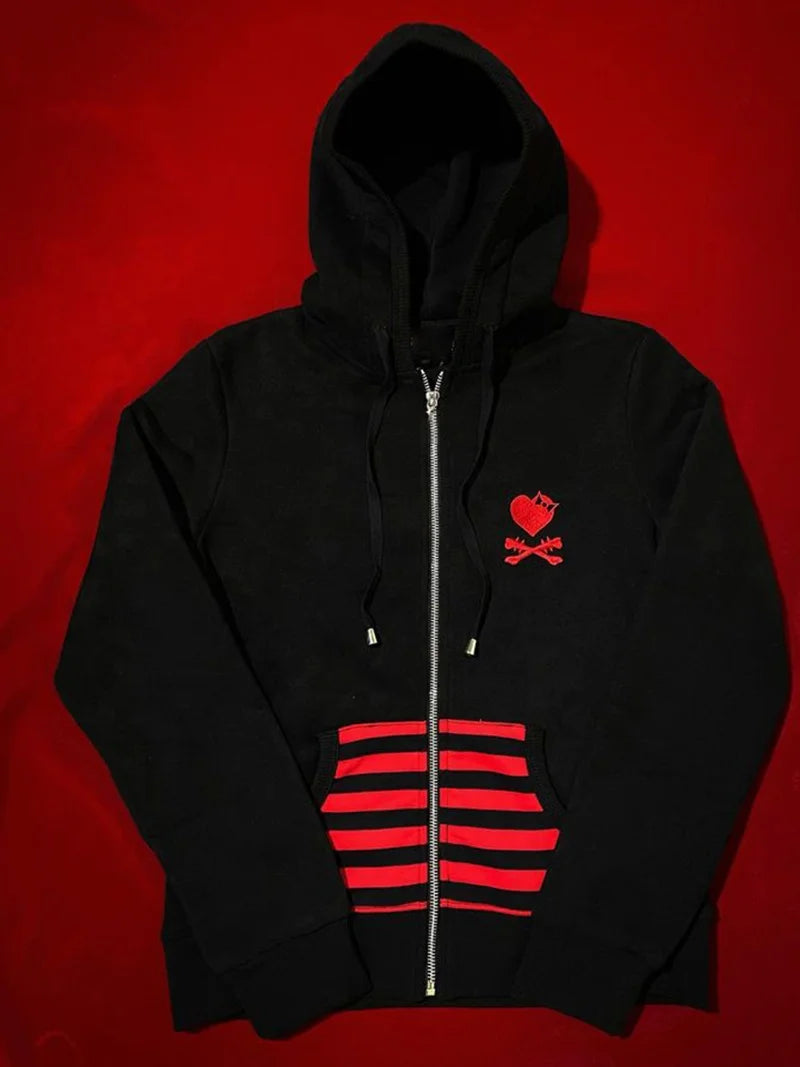 EMO Skull Embroidered Zipper Hoodie