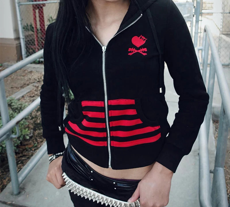 EMO Skull Embroidered Zipper Hoodie
