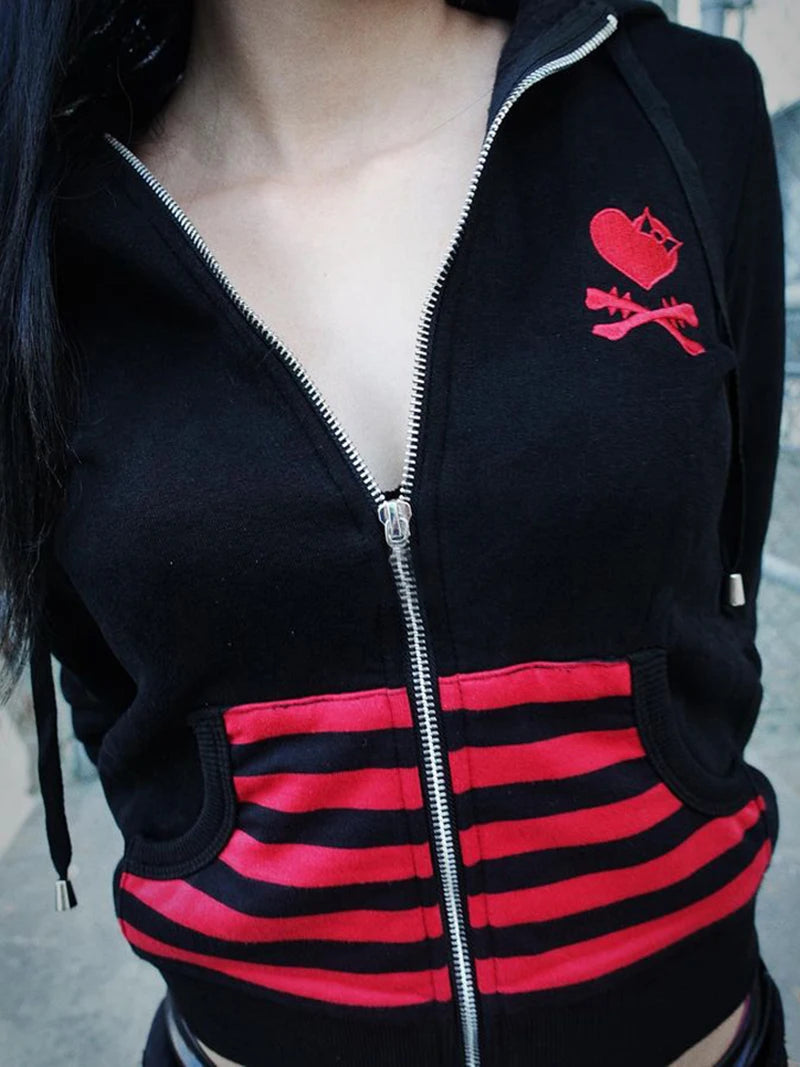 EMO Skull Embroidered Zipper Hoodie