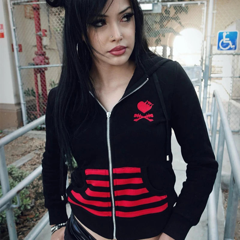 EMO Skull Embroidered Zipper Hoodie