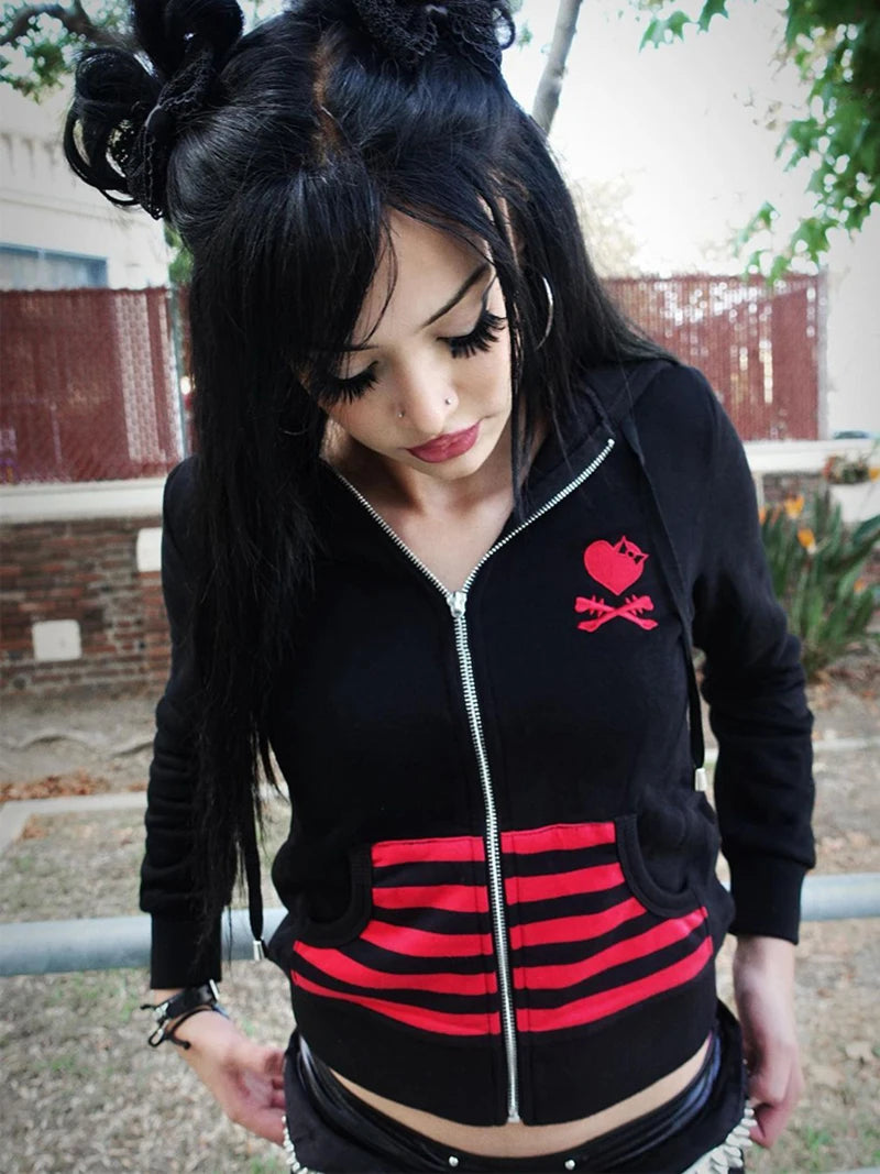 EMO Skull Embroidered Zipper Hoodie