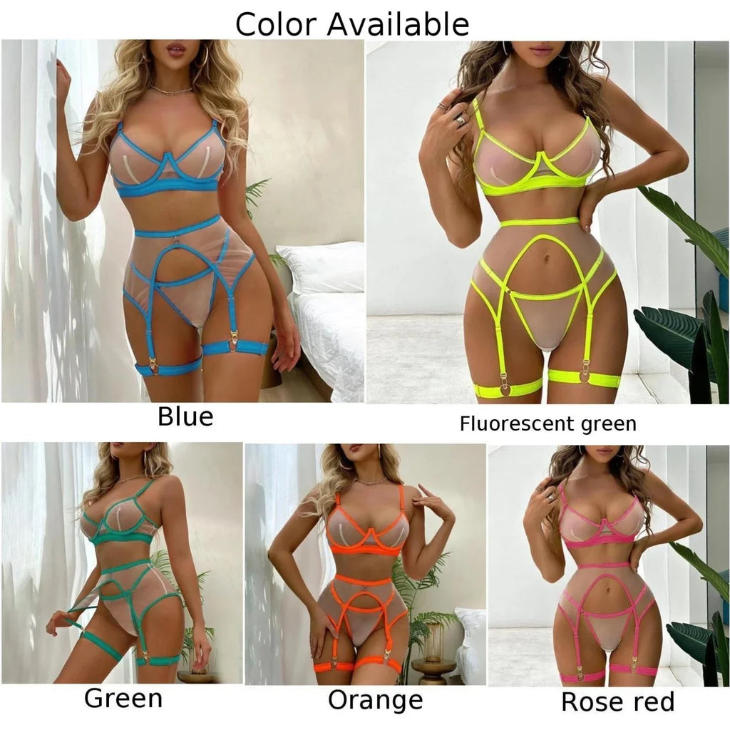 3 Piece Neon Glow Mesh Lingerie Set