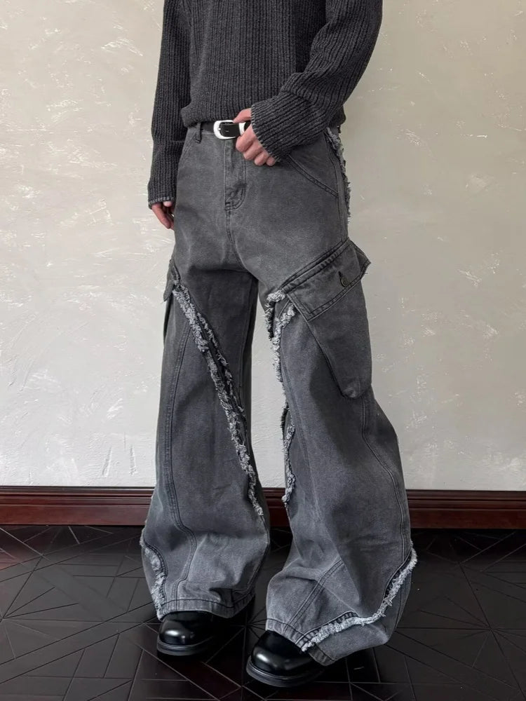 Washed Grey Baggy Stacked Cargo Jeans