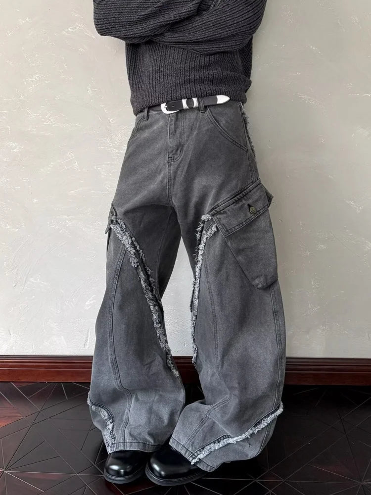 Washed Grey Baggy Stacked Cargo Jeans