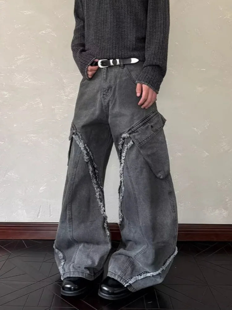 Washed Grey Baggy Stacked Cargo Jeans