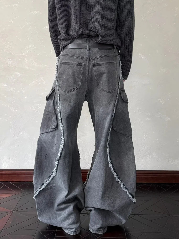 Washed Grey Baggy Stacked Cargo Jeans