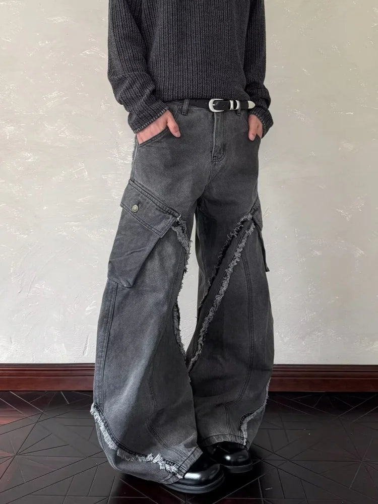 Washed Grey Baggy Stacked Cargo Jeans