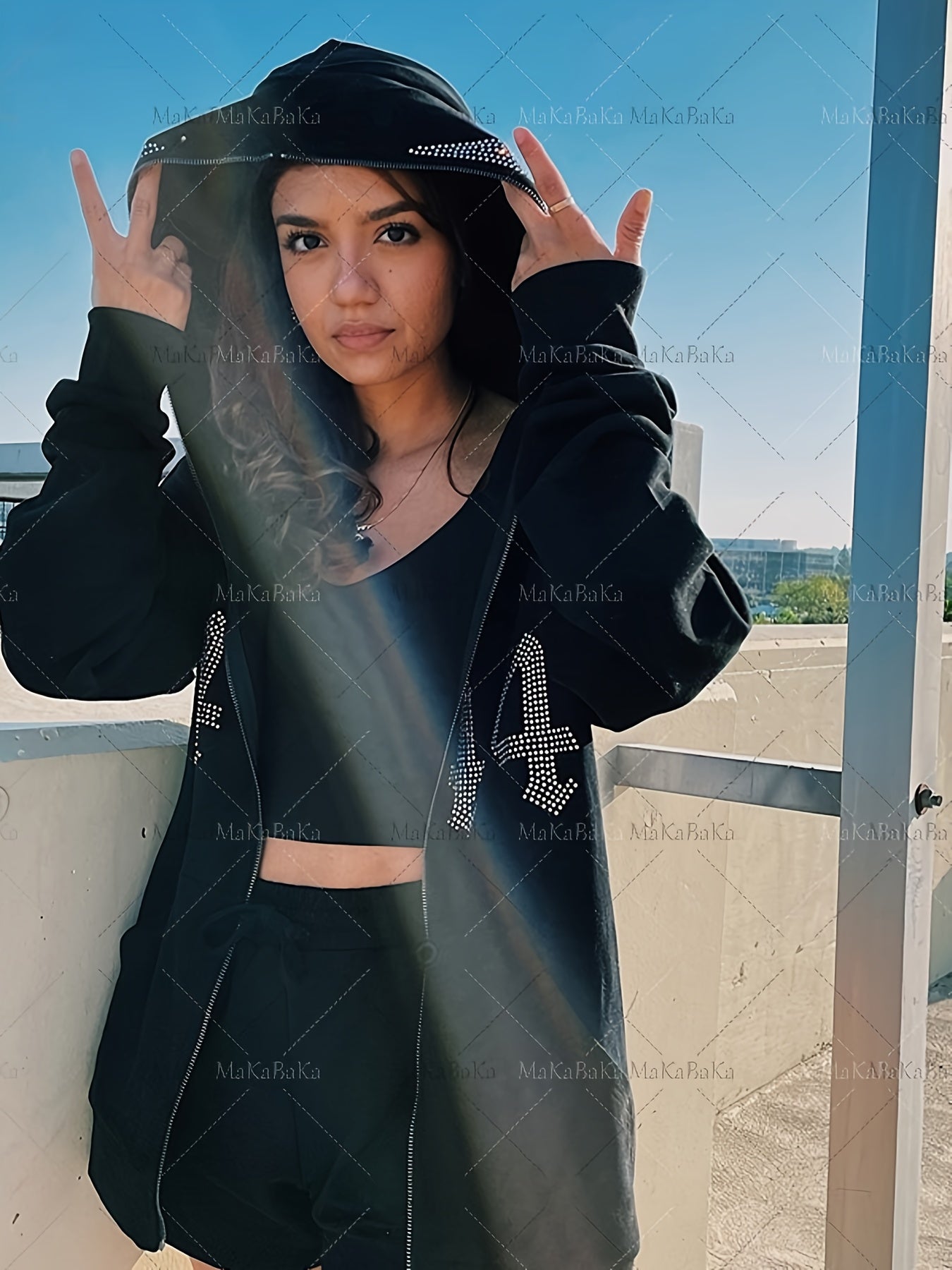 Printed Rhinestone Star Zip Up Hoodie