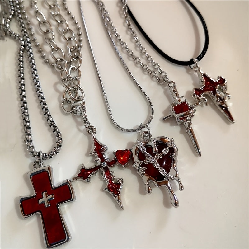5PC Y2K Gothic Red Cross & Heart Pendant Necklace