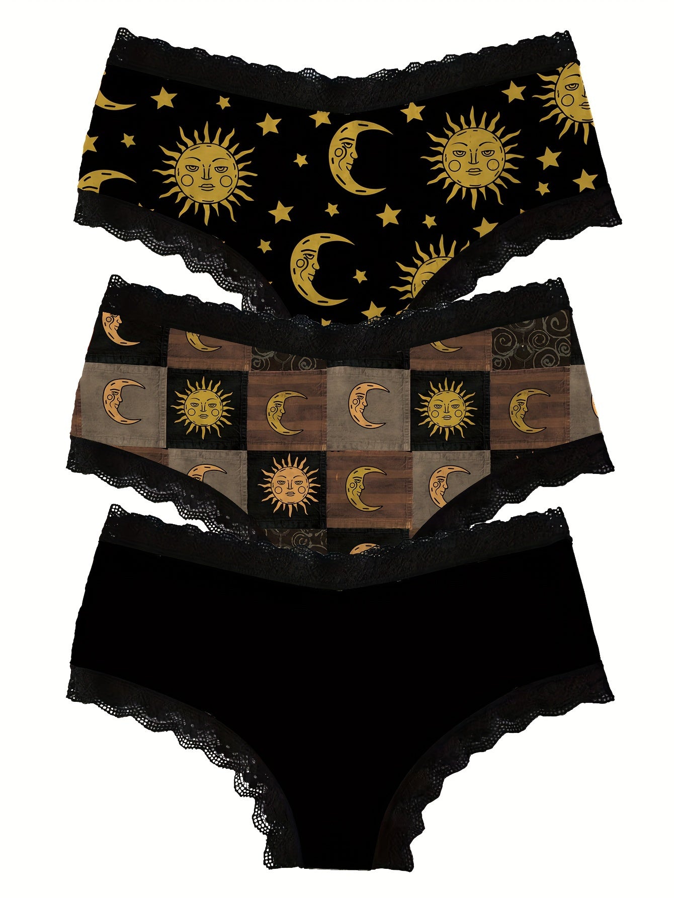3pcs Comfy Moon & Sun Print Lace Trim Briefs