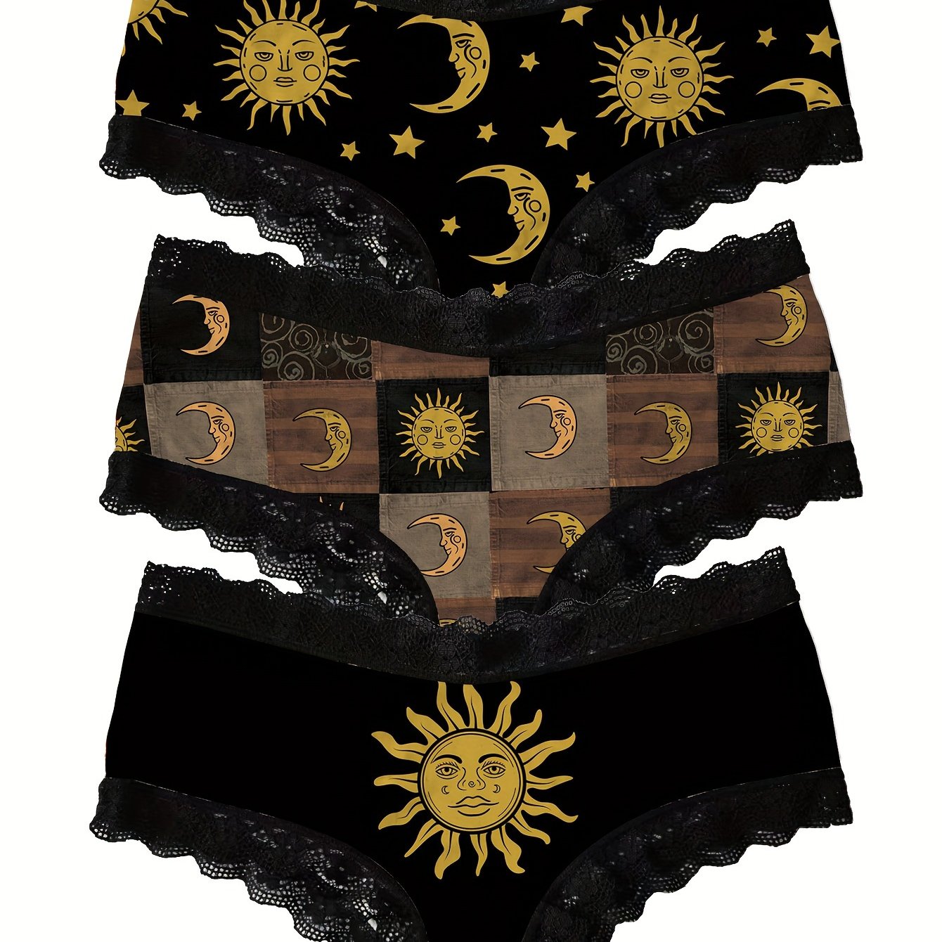 3pcs Comfy Moon & Sun Print Lace Trim Briefs