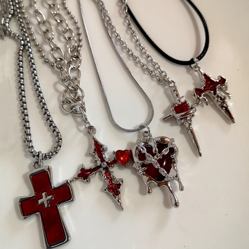 5PC Y2K Gothic Red Cross & Heart Pendant Necklace